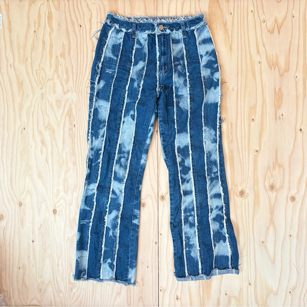 70s vibe acid patchwork fringed denim - S - mid rise flare leg euc